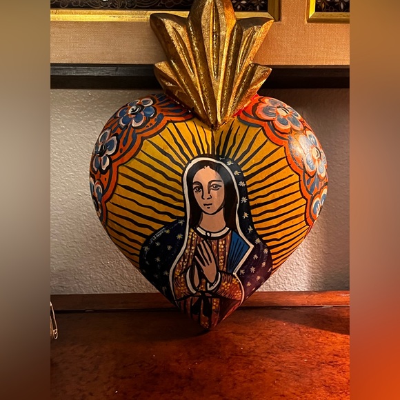 Other - Mexican wood heart-Virgin Guadalupe wall art-Handpainted flowers-Great piece